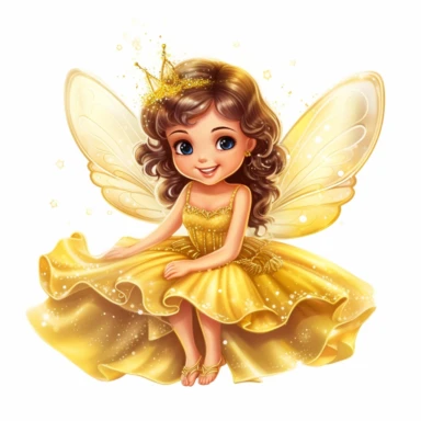 a picture of a cute, glittery fairy in a beautiful, sparkly yellow dress with wings sitting and happy knowing her friends love her for clipart on a white background