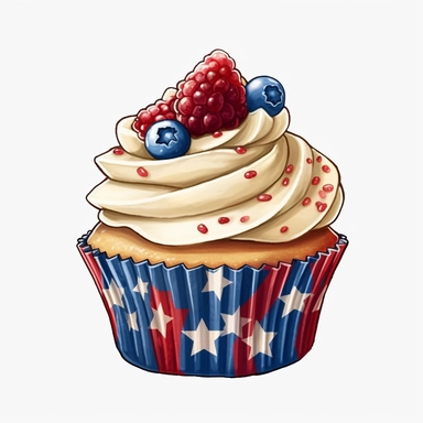 4th of July Patriotic Clip art of 4th of july patriotic cupcake, red, white & blue Full body realistic cartoon in 32K UHD cute, 8k with realistic watercolors and detailed illustrations. PNG clipart, Sublimation graphics, transparent white background for removing background - - no text shadow font watermark
