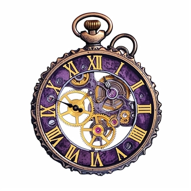 Steampunk pocket watch with a purple face and gold gears, watercolor, Steampunk, dark purple color theme, Detailed, clipart, white background, watercolor, hyperrealism, high detail, isolated elements