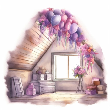 A fairytale style attic corner with watercolor effect,suitable for digital clipart,white background,magical flowers,magical scene,fairy vibrant colors,pink,purple,lavender,soft details