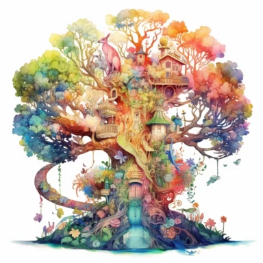 watercolor fantasy tree clipart, where the intricate details and vibrant colors bring to life a whimsical forest filled with magical creatures and hidden wonders, imposing figure, white background, 8k