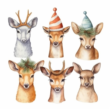 cliparts of deers with christmas hats, vintage illustration, pastel colors, in Pierre Redouté style, isolated on white background
