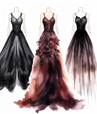 4 watercolor illustration goth wedding dress, in the style of dark palette chiaroscuro, romantic motifs, white, dark maroon and bronze, naïve, inventive, romantic floral motifs, clipart, white background
