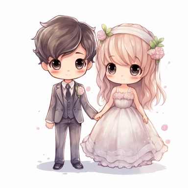 full body Little bride and groom, pastel Watercolor Clipart, strybk, full Illustration, 4k, sharp focus, watercolor, smooth soft skin, symmetrical, soft lighting, detailed face, concept art, muted colors, watercolor style, strybk, children's style fairy tales, chibi kawaii, . Octane rendering, 3d. Perfect face, detailed face, delicate face, perfect sharp lips, detailed eyes. Craig Davison, Aubrey Beardsley, Conrad Roset, Aikut Aidogdu, Agnes Cecil, watercolor style