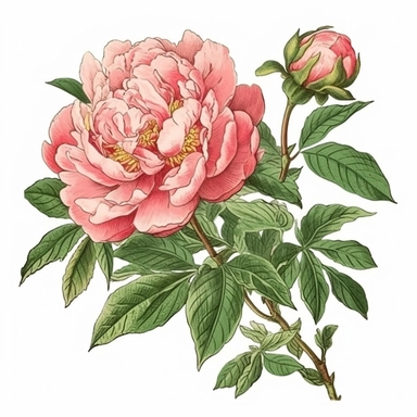 Ultra detailed Peony with branch and leaf clipart, vibrant color, super cute, spring peony clipart, spring large bouquet