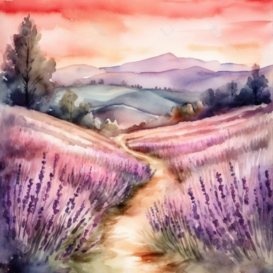 water color beautiful lavender field trail in Austria in summer, at sunset on a windy day, light pink colors, clipart, hd