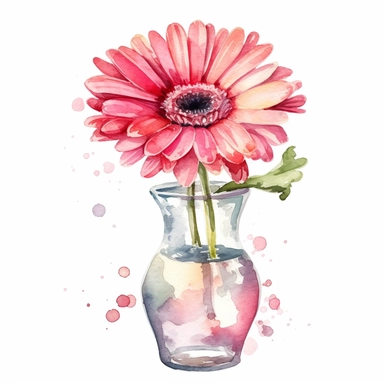 pink daisy flower in vase clipart, watercolor