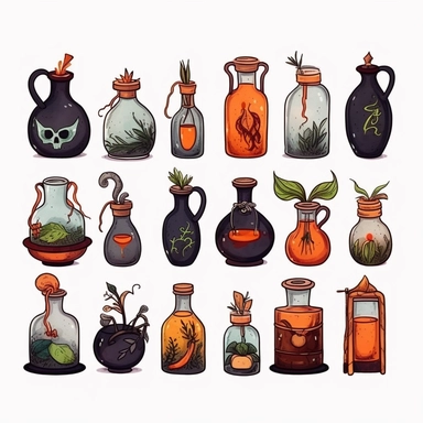 Witches inventory, flasks, illustrated clipart, minimalist, isolated white background, 8k