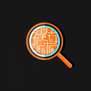 make a simplistic clip art logo of a magnifying glass that looks similar to this with a light orange black and white theme. Make it look technological inside the glass of the magnifying glass.