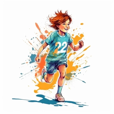 A happy young child, track and field, cool training clothes, numbers, vector style graphic, positive vibe, clipart, single design, white background