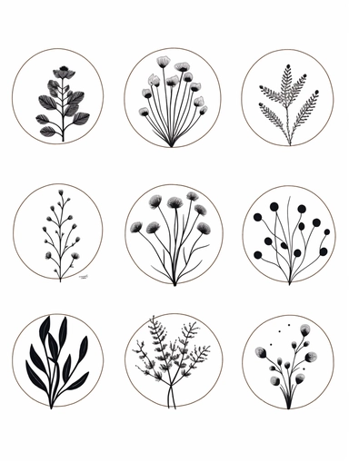 6 plant decor. circle crown simple. minimalist. line work. black line. no shading. clipart. white background