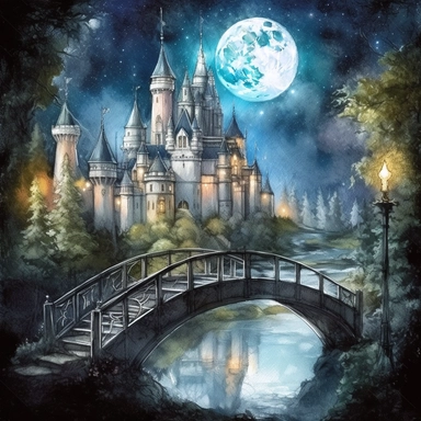 light watercolor Fantasy Castles night scenery on the moon in the garden forest and bridges realistic clipart on black background