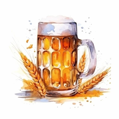 High resolution, beer wooden mug with vibrant colors and playful foam overflowing from the glasses and barley backdrop, watercolor clipart, white background for removing background