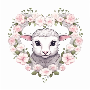 cute sheep in heart shape flower frame drawing, illustration clipart, detailed, black outline, white background, digital art