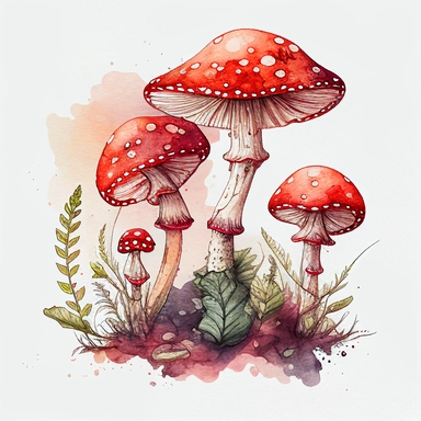 Watercolour Magic Mystical Mushrooms clipart red. One larger mushroom and 2-3 smaller ones growing as a group from the ground. no other mushrooms. a little bit of green plants and leaves around without inclusions or dots or circles