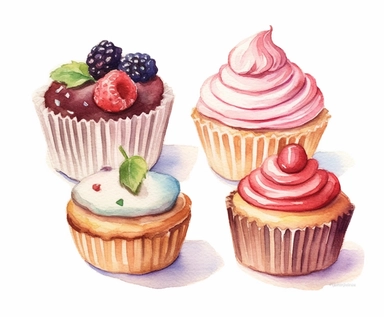 watercolor four Sweets clipart, flat style, no volume, few details, washed out, minimalistic style, very lose details, very light colors, transparent colors, light airy hues and pastel tones, spaced out, white background, washed out colors and paint, hand-painted watercolor, watercolor paper with visible rough paper texture, a variety of watercolor brushes, do not cross workspace borders, rough watercolor paper texture on top