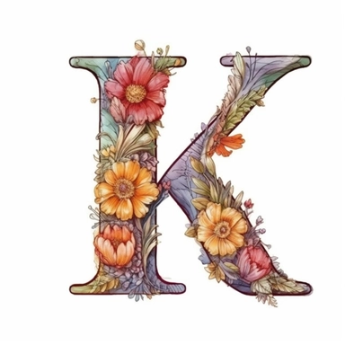 Beautiful Pastel Vintage Flower Alphabet Letter  K  Watercolor and ink Clipart, Cartoon, hyper-realistic, high contrast, intricate detail, illustration style, high solution on the white background