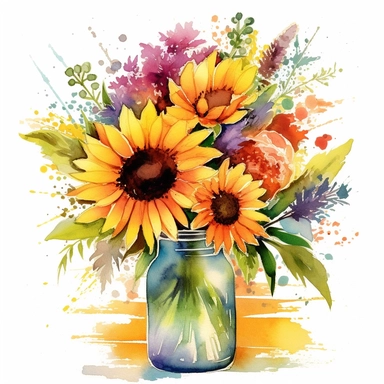 Embark on a mid-journey filled with creativity as you delve into the world of watercolors. Imagine a delightful scene featuring a watercolor sunflower clipart floral bouquet elegantly arranged in a charming jar. Embrace the power of choice by exploring different background options that will bring your artwork to life. Allow the colors to dance on the canvas and let your imagination bloom on this artistic path of self-expression. white background