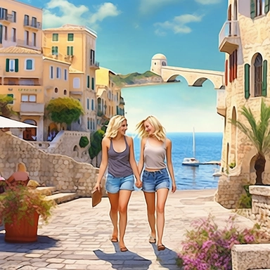 panoramic view, full view, landscape, two beautiful female best friends with blonde hair walking side by side, smiling and chatting, beautiful faces, along a cobblestone walkway in a beautiful mediterranean town with view of beautiful blue water, cascading bougavanelia, beautiful summer day, illustration clipart, photo realistic, romantic, fantasy, ethereal, sharp focus, high detail, no holding hands,