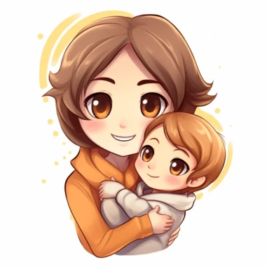 Cute happy chibi mum and son clipart, white background