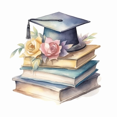 Graduation cap on top of stack of books with flowers, watercolor clipart, soft colors