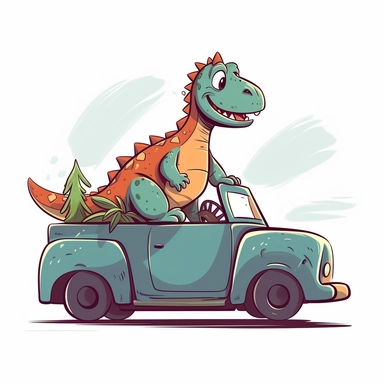 Character Dinosaur rides in a convertible, car without a roof, no background, kids style, 2D, vector, good quality, Pixar children's book illustration, vector, cartoon character, hand drawing, clipart