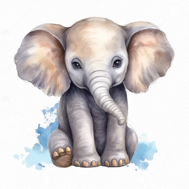 a baby female grey African elephant with a blue bow on head, stood sideways to the camera looking right, watercolour painting transparent background png clipart