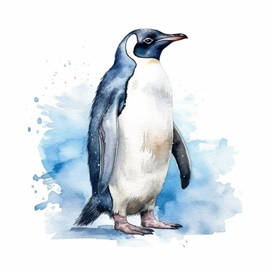 Watercolor clipart consist a fullbody penguin portrait, Produce very high detailed image, Produce very high quality image, The penguin proportion is same as real emperor penguin, Left some white empty space around the image frame,