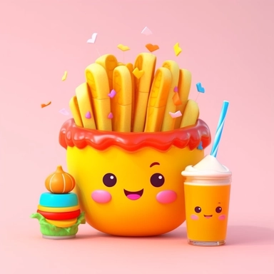 kawaii fastfood, anime clipart , 3Dminimalist, bright colors, isolated white background, 8k