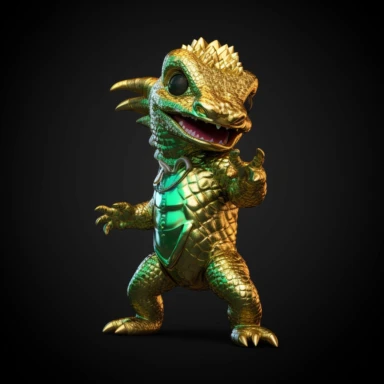 baby Godzilla, looks like Michael Jackson, doing dance steps, wearing a miami heat basketball jersey, wearing a gold pendant with a gold bitcoin on it, wearing hip hop style black satin pants and a green iridescent silk shirt, techno lighting, clipart on plain background