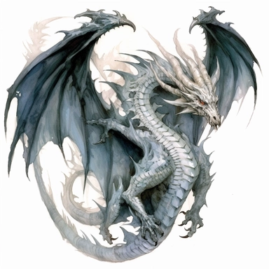 Clipart, watercolor, white background: A gothic dragon with twisted, thorn-like spines running down its back, contrasting against its pale, ghostly scales, representing an embodiment of darkness