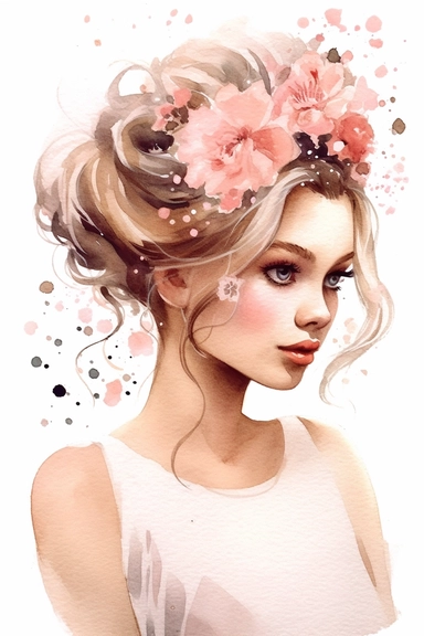 a cute cartoon pretty young Girl with a high white and pink ligth colored bun and roses sparkling around her profile, long curly hair with mini flowers in head, portrait, daydreaming expression in watercolor form, sarah kay and holly hobbies, clipart, watercolor, smiling, on a white background, daydreaming expression in watercolor form