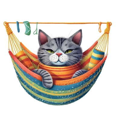 Axel scheffler illustration style cat in a hammock, high definition, 16k, insanely detailed, fine detail, sharp focus, illustration, white background, isolated clipart vector