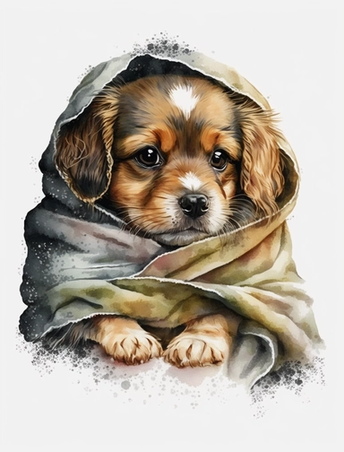 baby dog in a blanket, watercolor clipart, transparent background,