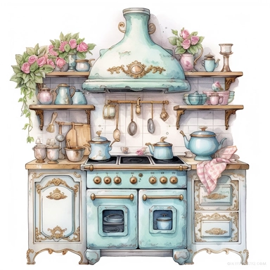 Make a clipart of a fairytale watercolor french country kitchen, rococo, with bright pastel colors of turquoise and green, pink roses, gold accents, black outlines, hd, white background