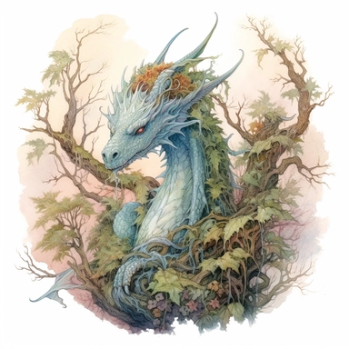 dragon of the forest tattoo design by twilight designs, in the style of david nordahl, jean-baptiste monge, farel dalrymple, fantastical street, high resolution, imaginative characters, vibrant colors, clipart, blank white background