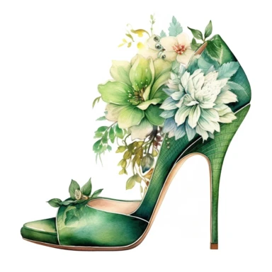 watercolor clipart of vintage green high heel shoes, floral, color pencil drawing, nice composition, vector, outline, isolated white background, 16k