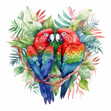 watercolor clipart, two red and green Eclectus Parrot Parrots in love with tropical gardens, sweet hearts around, watercolor sublimation design, Sublimation Clipart, hyper realistic, intricate detail, illustration style, isolated on white background for removing background, Super-Resolution, Megapixel