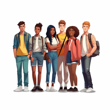 Diverse school group: realistic Illustration of teenage students from different ethnicities and cultures together, representing diverse educational environments. clipart, isolated on white background, 4K
