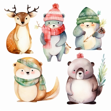Cute Christmas animals, such as reindeer, penguins, polar bears, and owls, in festive outfits and accessories, watercolor png clipart on a white background