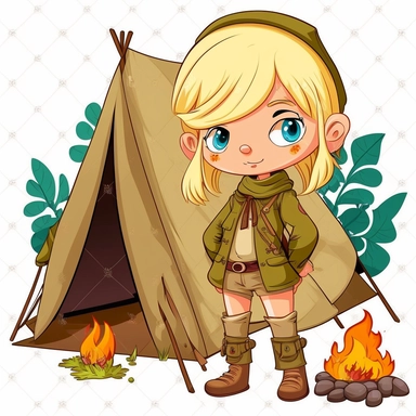 a cute scout girl, clipart, full body, blond, in nature, near tent and campfire