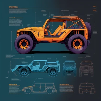schematic drawings of futuristic concept jeep car, detailed, colorful, vector, sharp focus, super detailed, illustration, 16:9, v4, q2, 16k, High quality, clipart style