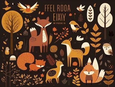 cute animals in autumn forest clipart, deer, fox, birds, hedgehog, bear, vector, in the style of #vfxfriday, stenciled iconography, colorful animation stills, cut and paste