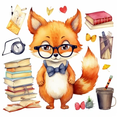 Back to School watercolor clipart, kawaii cute student animals, Fox teacher, animals graphics, School stationery png, School Supplies Clip art , natural color , white background