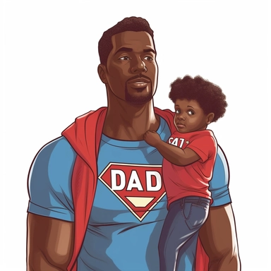Super Dad: Illustrate a clip art image of an afro-caribbean dad wearing a superhero cape and a t-shirt with the word DAD emblazoned on it. This clip art can symbolize the strength and heroism of fathers.