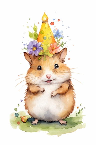 Create a watercolor clipart picture of a hamster wearing a birthday hat, white background. The hamster should have a cute and happy expression, with its fur depicted in soft watercolor textures. Surround the hamster with small flowers and greenery, adding a whimsical touch to the scene.