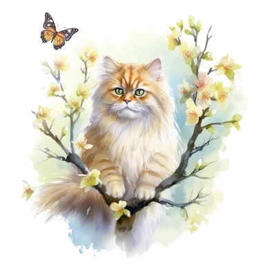 A persian cat sitting proudly on a spring branch, with a few butterflies flying, looking off into the camera, with a few spring leaves framing the scene, watercolor by Thomas W. Shaller, clipart, solid background, 8k