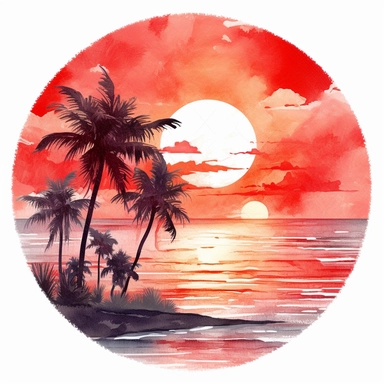 circle, tropical beach sunset, glowing sun, watercolour, red, detailed, clipart, white background