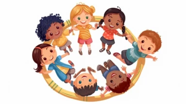 a cartoon, clipart style illustration of A group of multicultural children playing together. Include play equipment but no background. The children are ona solid whitebackground.