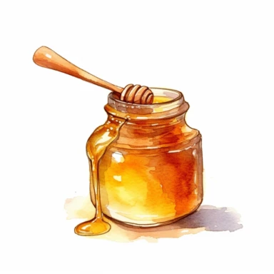 watercolor, clipart of a charming jar of honey accompanied by a wooden honey spoon resting on the lid. The jar is made of clear glass, allowing the golden honey within to shine through. It has a round shape with a wide opening at the top and a curved body that tapers towards the bottom. The jar is sealed tightly with a metal lid, and on top of the lid rests a rustic wooden honey spoon. The honey spoon is beautifully crafted from light-colored wood, showcasing its natural grains and texture. It h